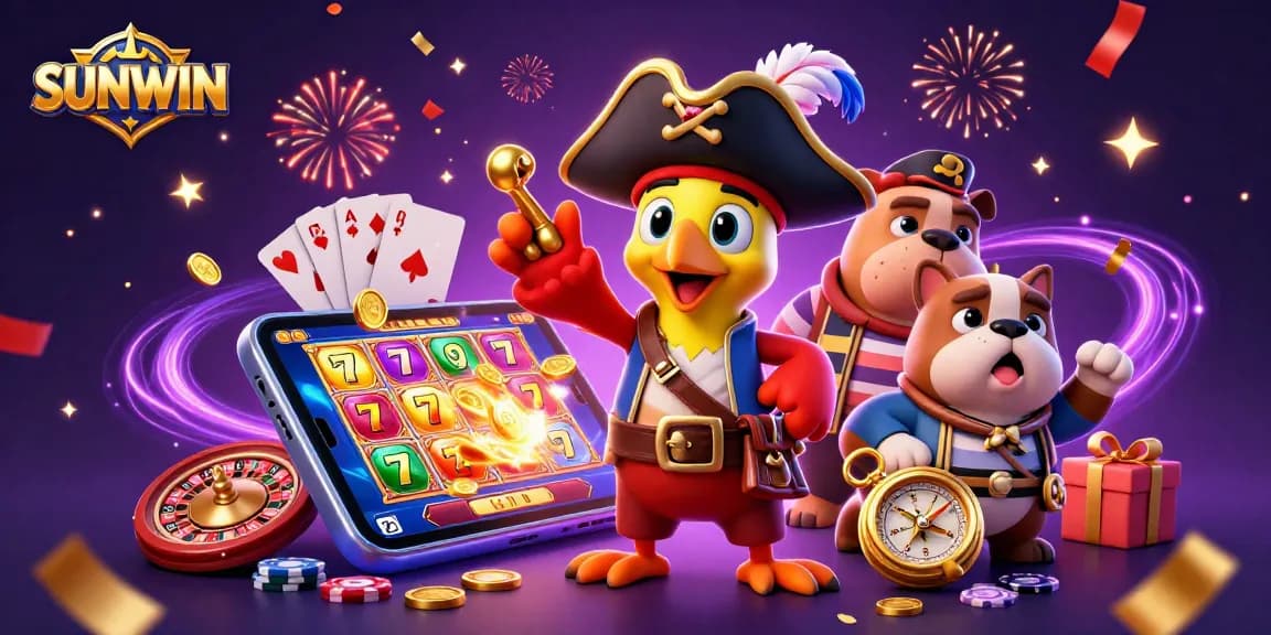 SUNWIN pirate captain parrot, bulldog, and cat celebrate casino slots with vibrant energy