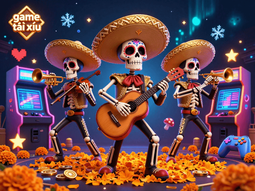 Engage in game tài xỉu fun with a dynamic mariachi band and neon arcade gaming elements in an enchanting casino atmosphere.
