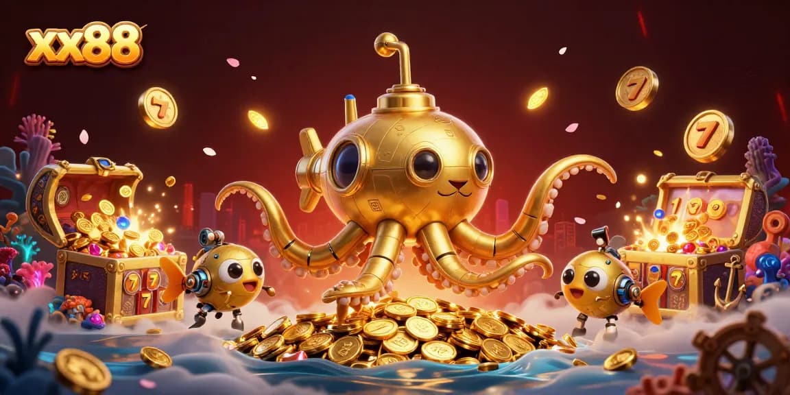 Engage with xx88 on a thrilling journey with our vibrant cartoon kraken submarine amidst gold coins, slot machines, and underwater gems.