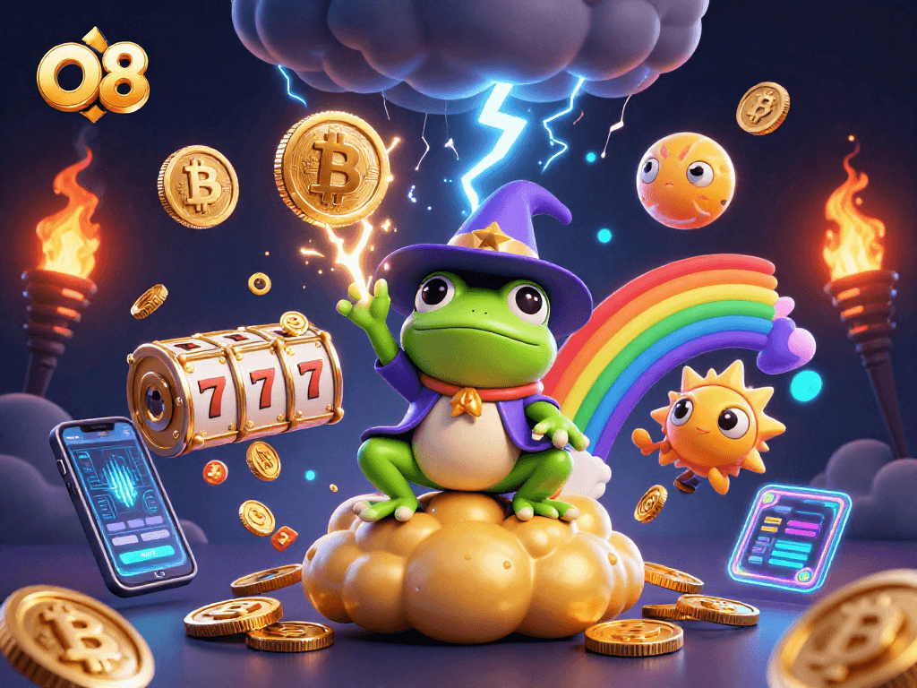 Bet on O8 with a colorful illustration featuring a wizard frog and a chameleon amidst casino elements.