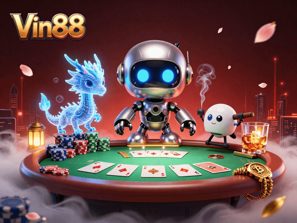 Engage with the vibrant world of Vin88 featuring a cyberpunk robot and poker action.