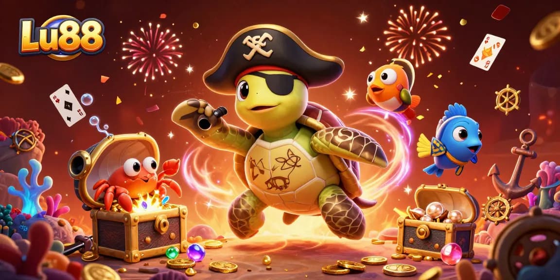 Join Lu88's thrilling gaming adventure with a pirate turtle and friends amidst vibrant underwater treasures.