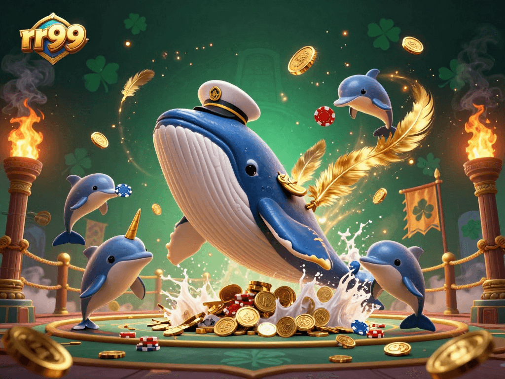 Join the adventure with rr99 featuring a whale captain in a treasure sea, highlighting vibrant casino elements.