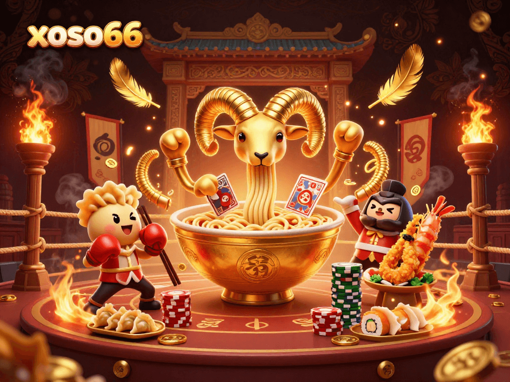 XOSO66 showcases a giant ramen bowl dealer in an epic casino scene full of vibrant colors and casino elements.