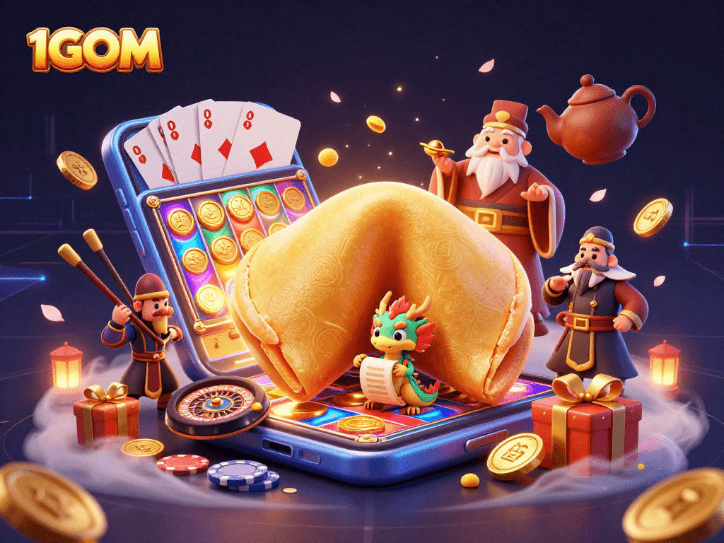 1GOM casino scene featuring a golden fortune cookie, dragon, and gaming elements creating an immersive experience.