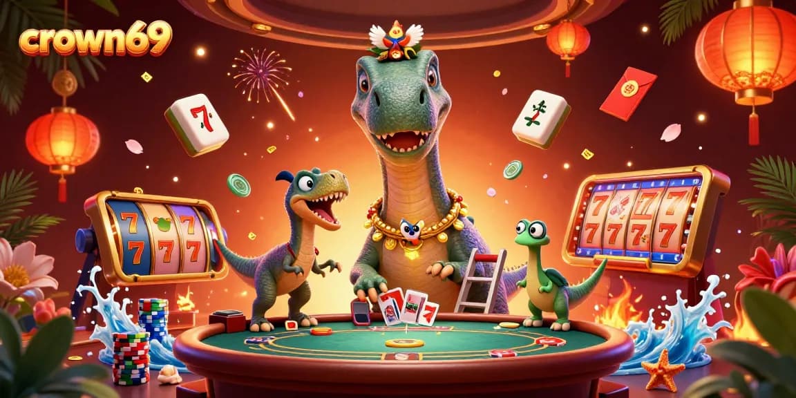 Experience crown69 gaming thrills with a brontosaurus dealer and vibrant casino elements.