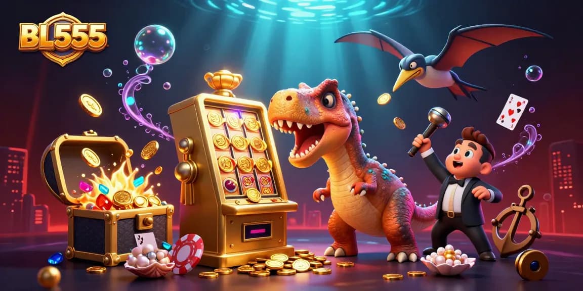 BL555 showcases a 3D pachycephalosaurus winning coins from a jackpot, vibrant casino elements surrounding the scene.