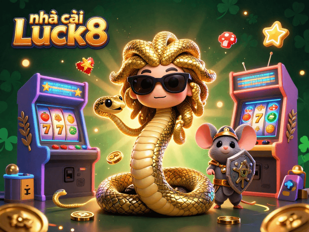 Engage with nhà cái Luck8's vibrant casino atmosphere featuring a friendly Medusa and exciting slot machines.