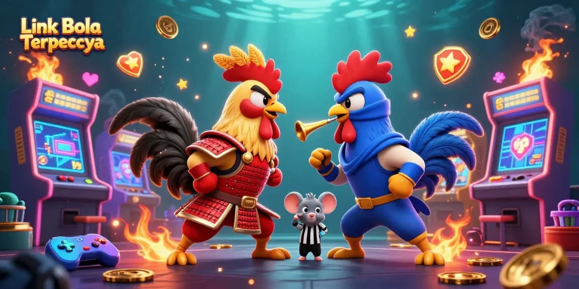 Link Bola Terpercaya memperlihatkan dua ayam bertarung di arena perjudian dengan latar belakang ceria.