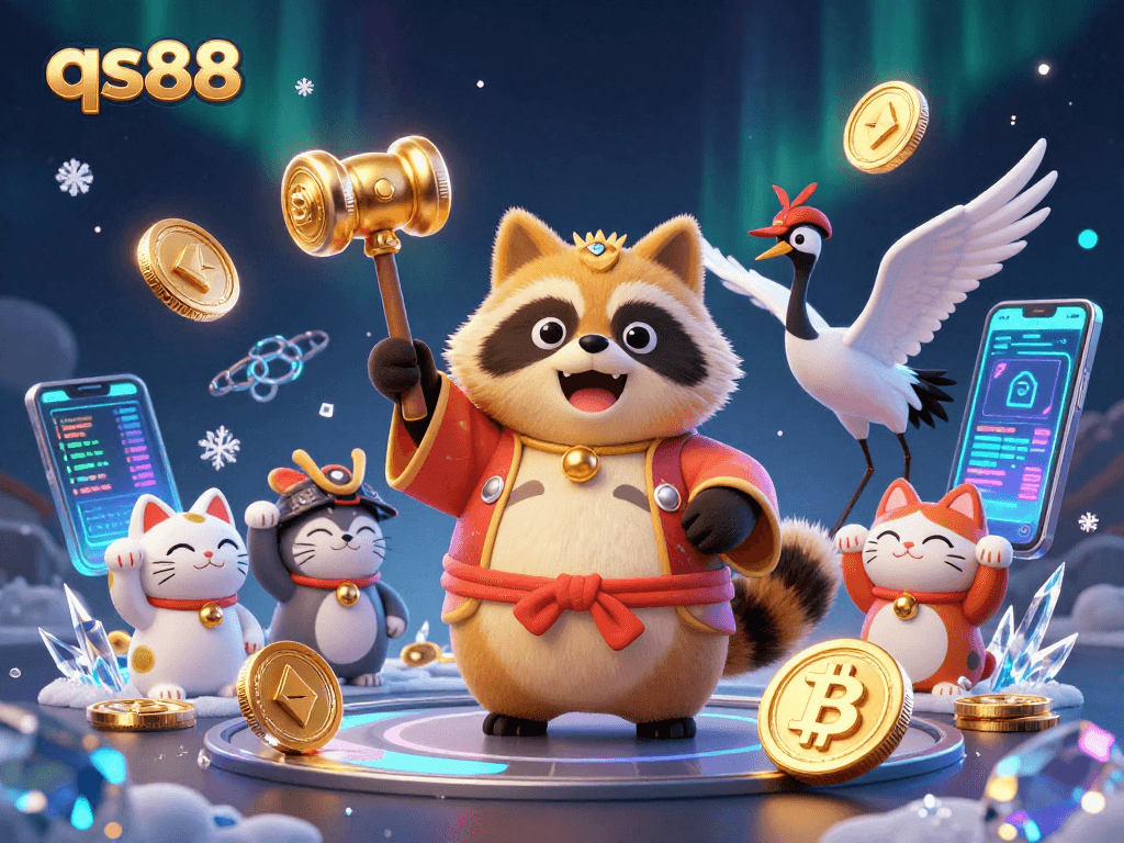 Engage in exciting gameplay at qs88 as cheerful tanuki celebrates luck with crypto elements.