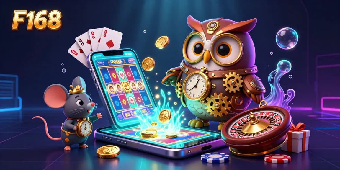 Engage with F168’s thrilling slot games while interacting with characters in a vibrant casino scene.