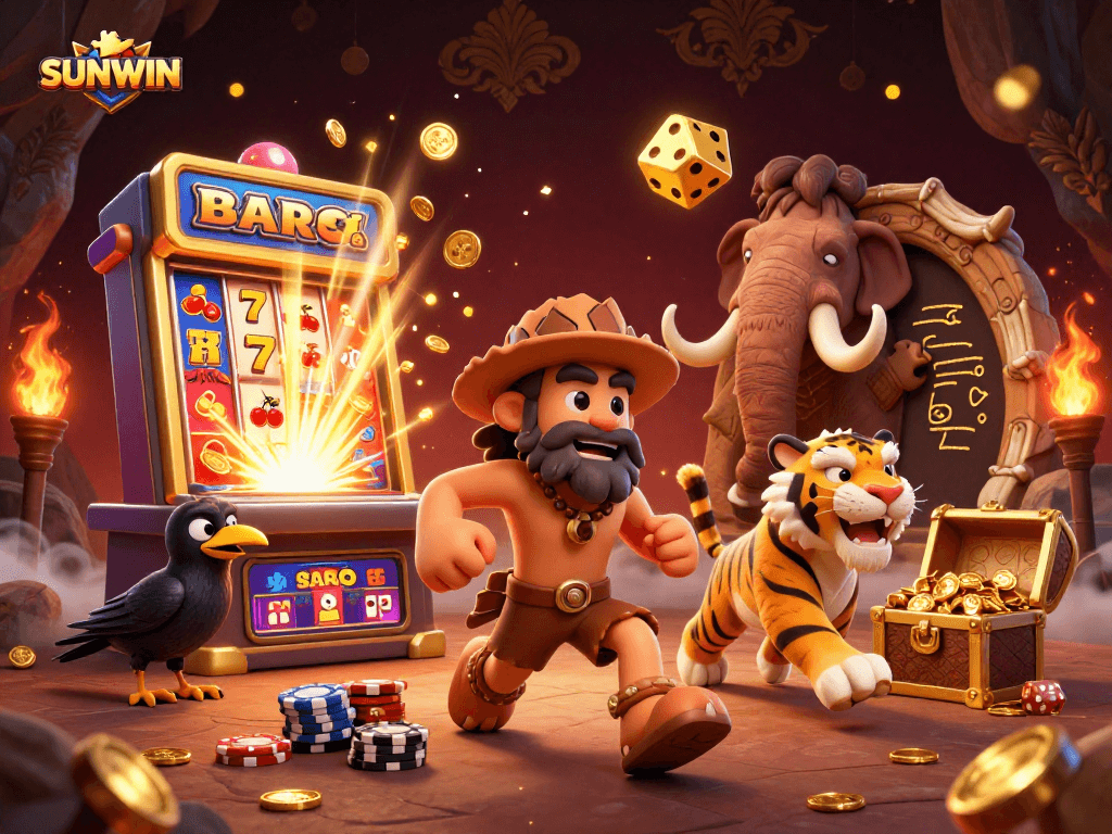SUNWIN offers an exhilarating gaming scene with caveman and tiger characters at a vibrant prehistoric casino.