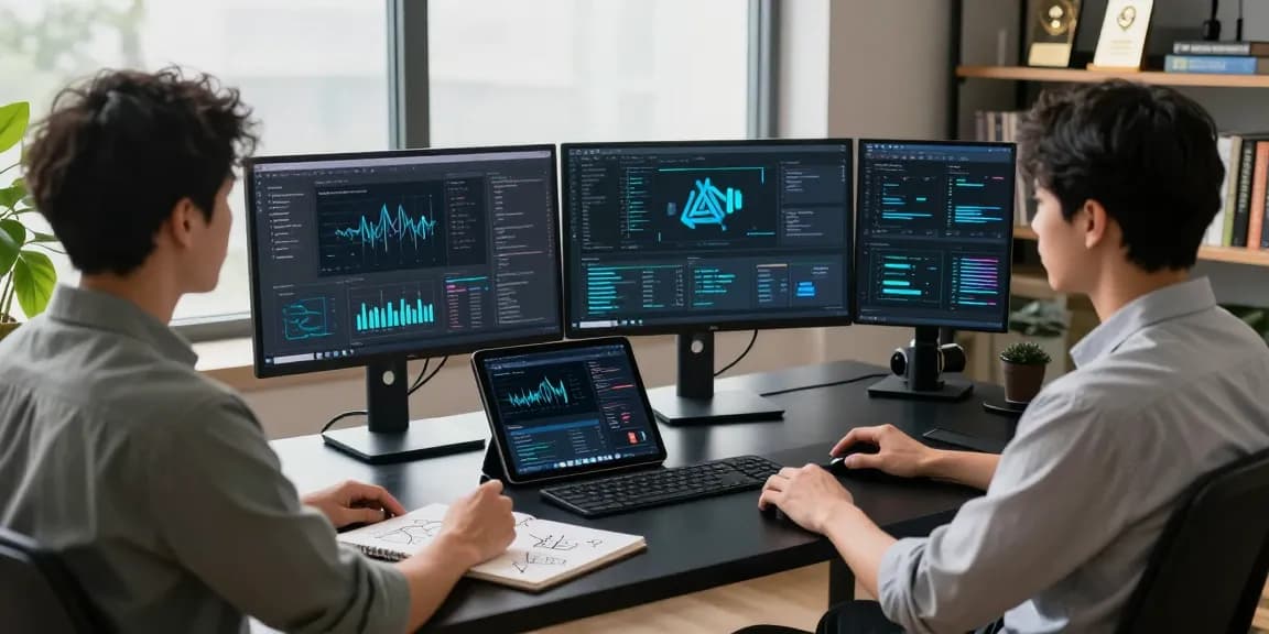 Dynamic tech workspace showcasing crushonai with data visualizations and modern workstation.