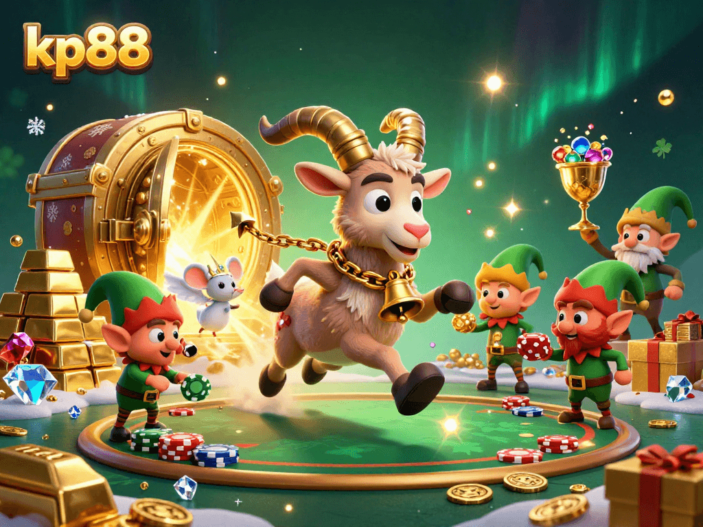 Experience the thrill at kp88's vibrant casino with festive characters, treasures, and excitement.