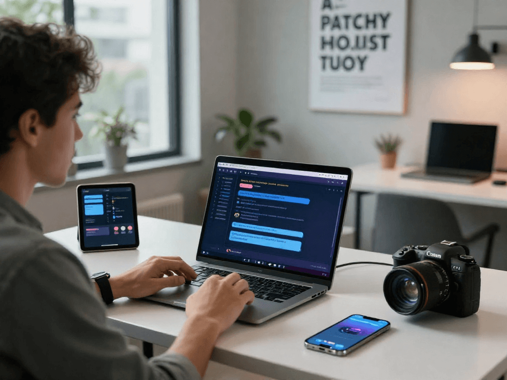 Engaging in a juicy ai chat on a laptop at a modern workspace.