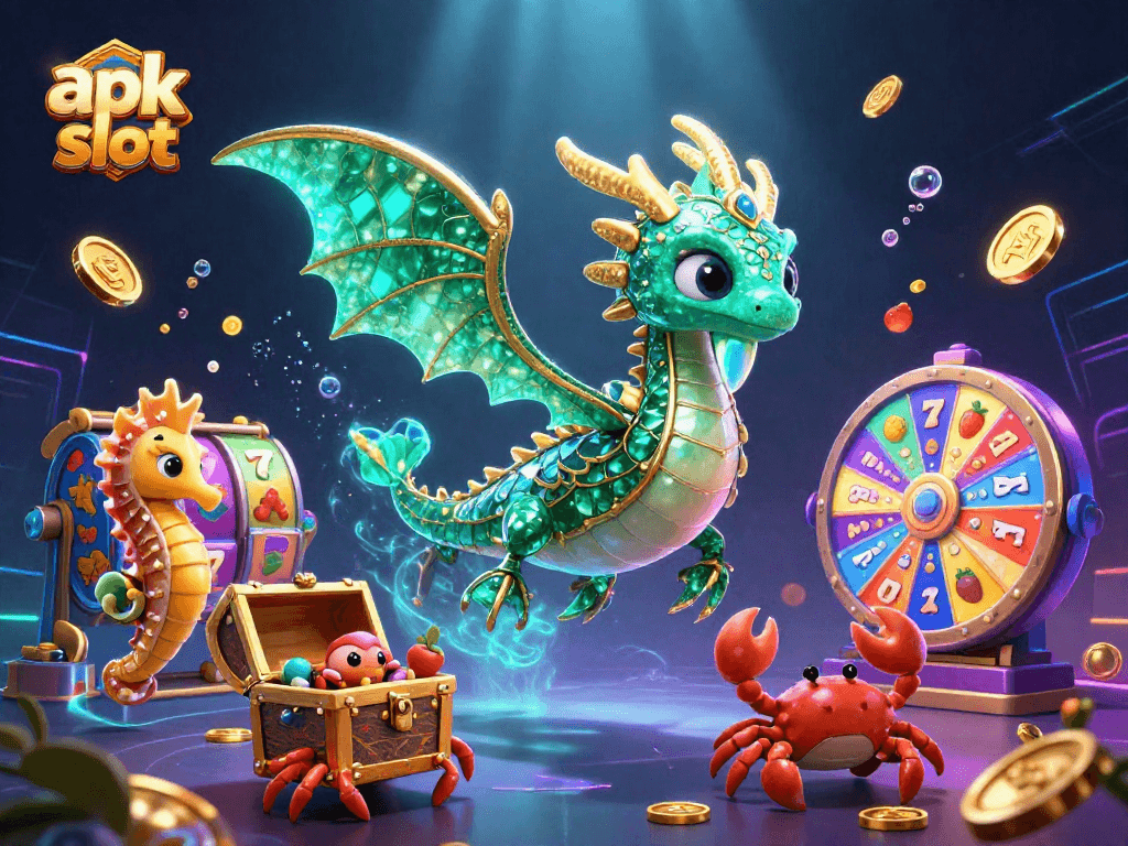 Engage in the ultimate apk slot experience with vibrant slot reels and a dazzling sea dragon scene.
