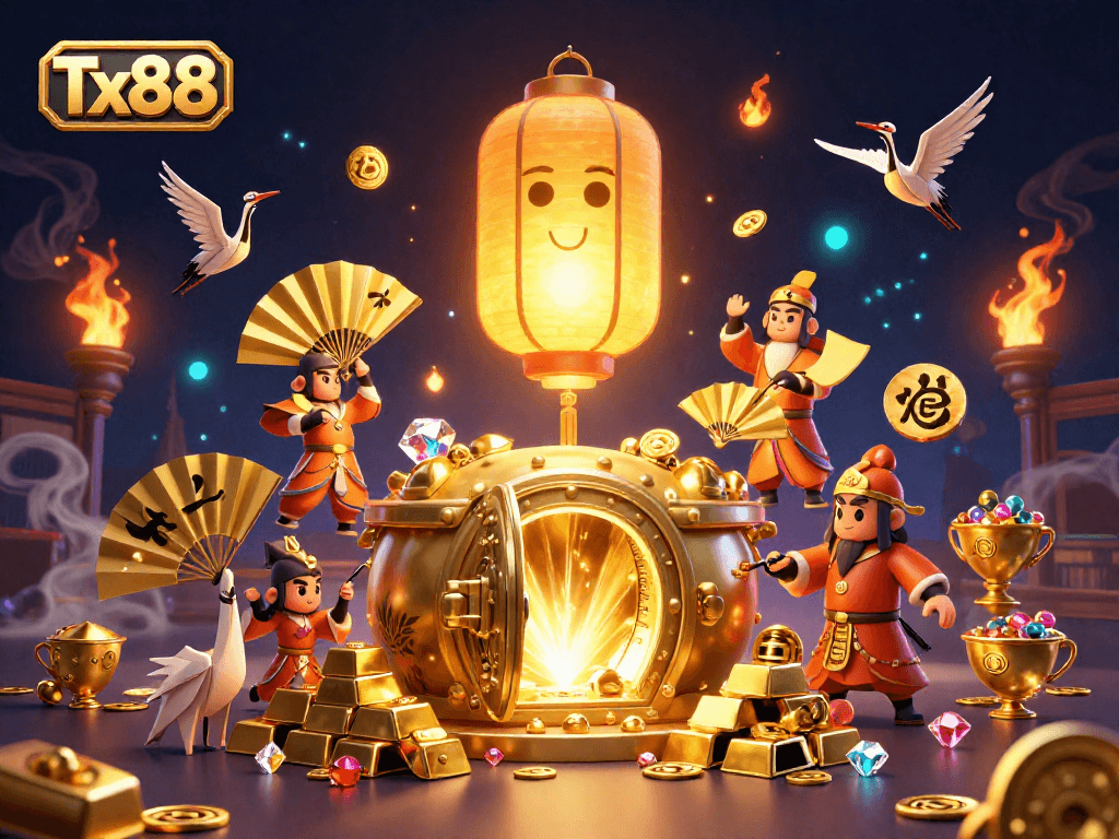 Engage in winning adventures at Tx88’s casino, with golden treasures and vibrant game elements surrounding you.
