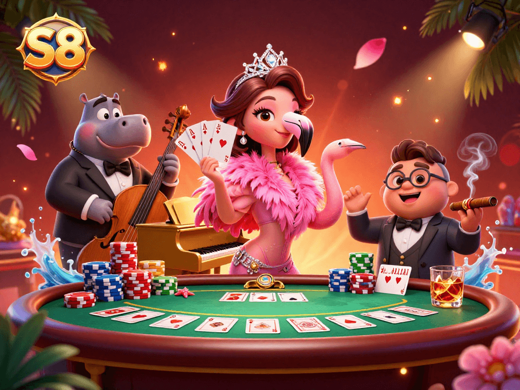 S8 guarantees thrilling gaming experiences with vibrant casino characters showcasing poker excitement in this colorful digital illustration.
