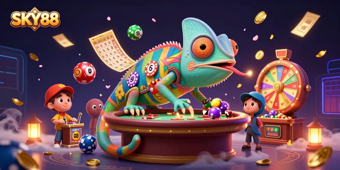 Sky88 chameleon casino owner captures golden coins amidst vibrant lottery balls and prize wheels.