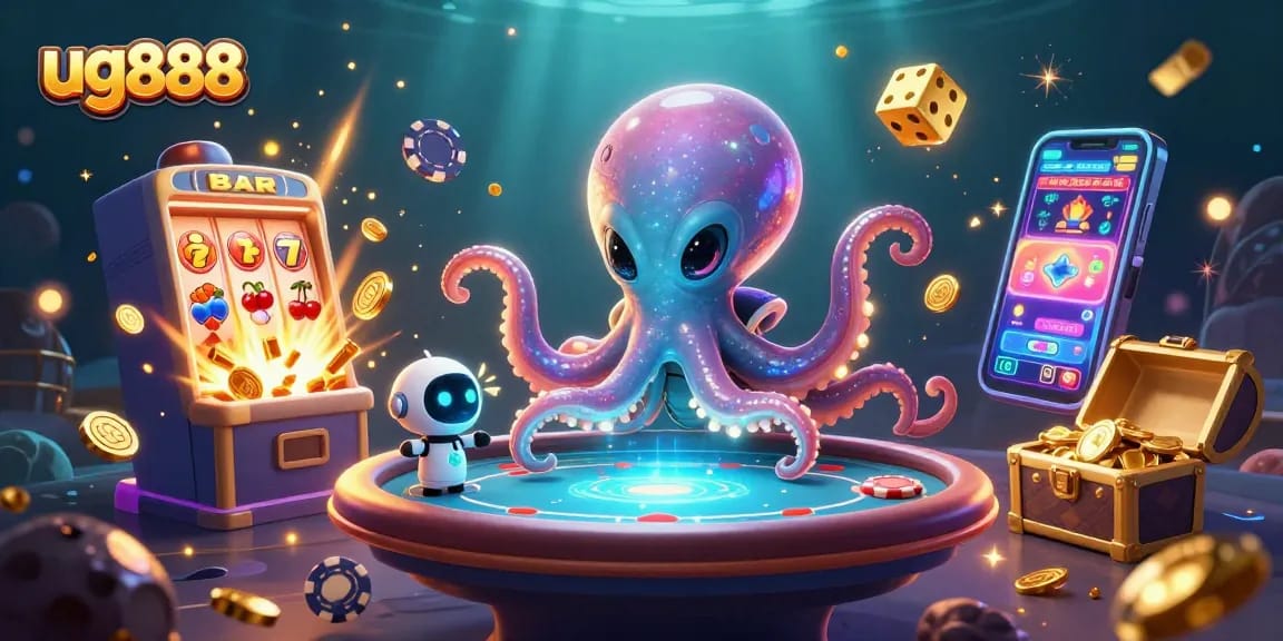 Experience thrilling gambling action with ug888's 3D illustration featuring an alien octopus at a poker table.