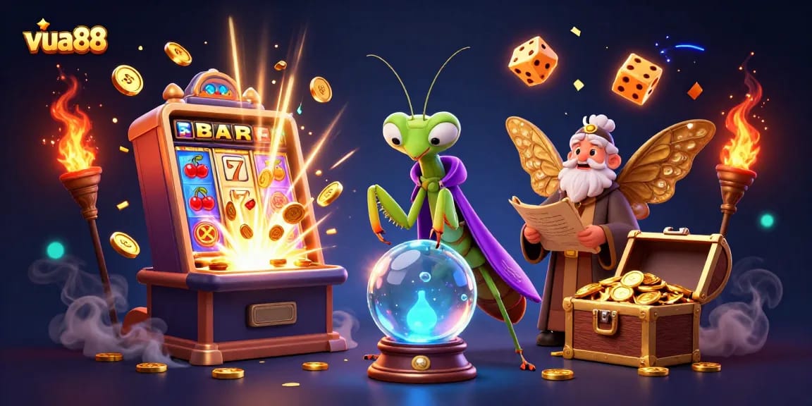 Experience the excitement of vua88's casino games with rich 3D illustrations of fortune tellers and jackpots.