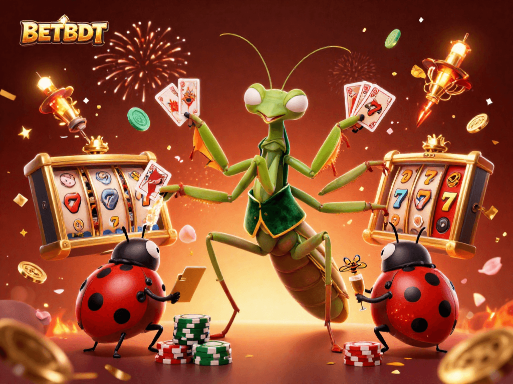Join the vibrant action at BETBDT with a giant mantis card sharp and a ladybug pit boss amidst exploding fireworks.