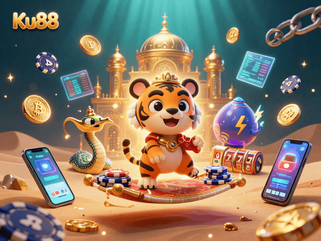 Experience thrilling adventures with Ku88 in a vibrant casino scene featuring a tiger sultan and fantasy elements.
