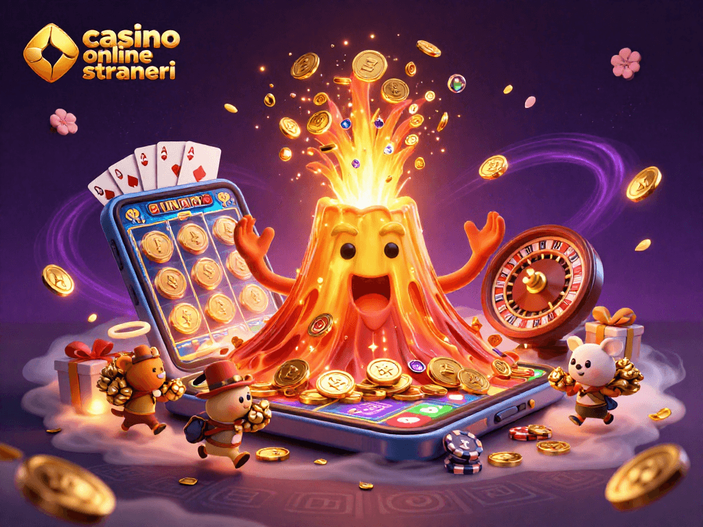 Gioca in un casino online stranieri con un vulcano dorato che erutta tesori e animali esploratori.
