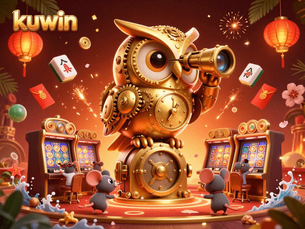 Engage in thrilling slots at kuwin, featuring a whimsical 3D golden owl overlooking a vibrant casino.