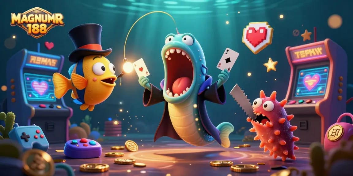 Experience MAGNUM188's thrilling arcade magic with a bioluminescent eel performing tricks in an enchanting underwater scene.