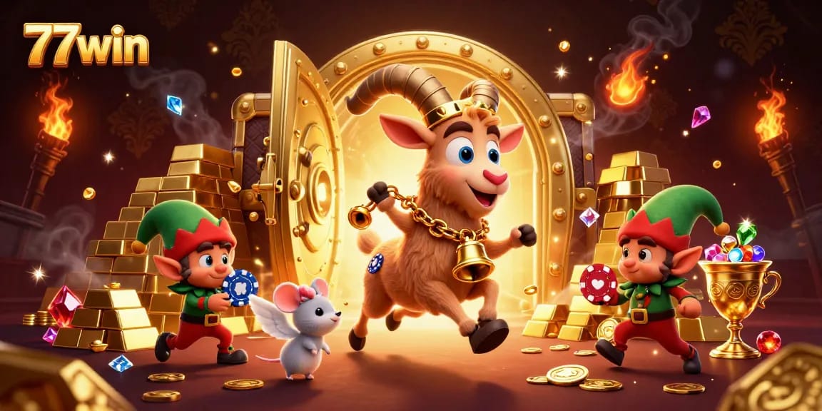 Experience thrilling gambling at 77win with a cartoon casino scene featuring mischievous characters.
