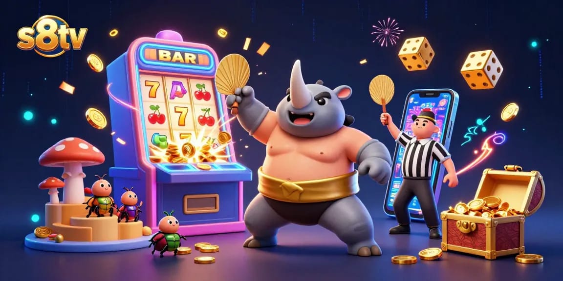 Experience thrilling gaming action at s8tv with a sumo beetle champion amid a cascade of coins!
