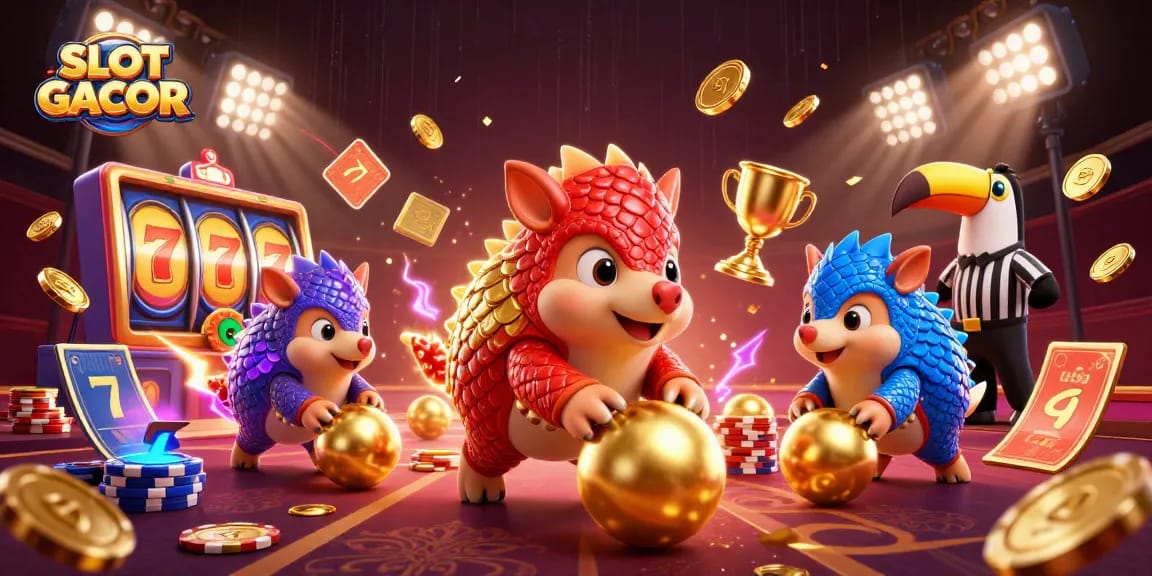 SLOT GACOR menampilkan pangolins bersaing sambil bermain slot, dikelilingi elemen kasino menarik.
