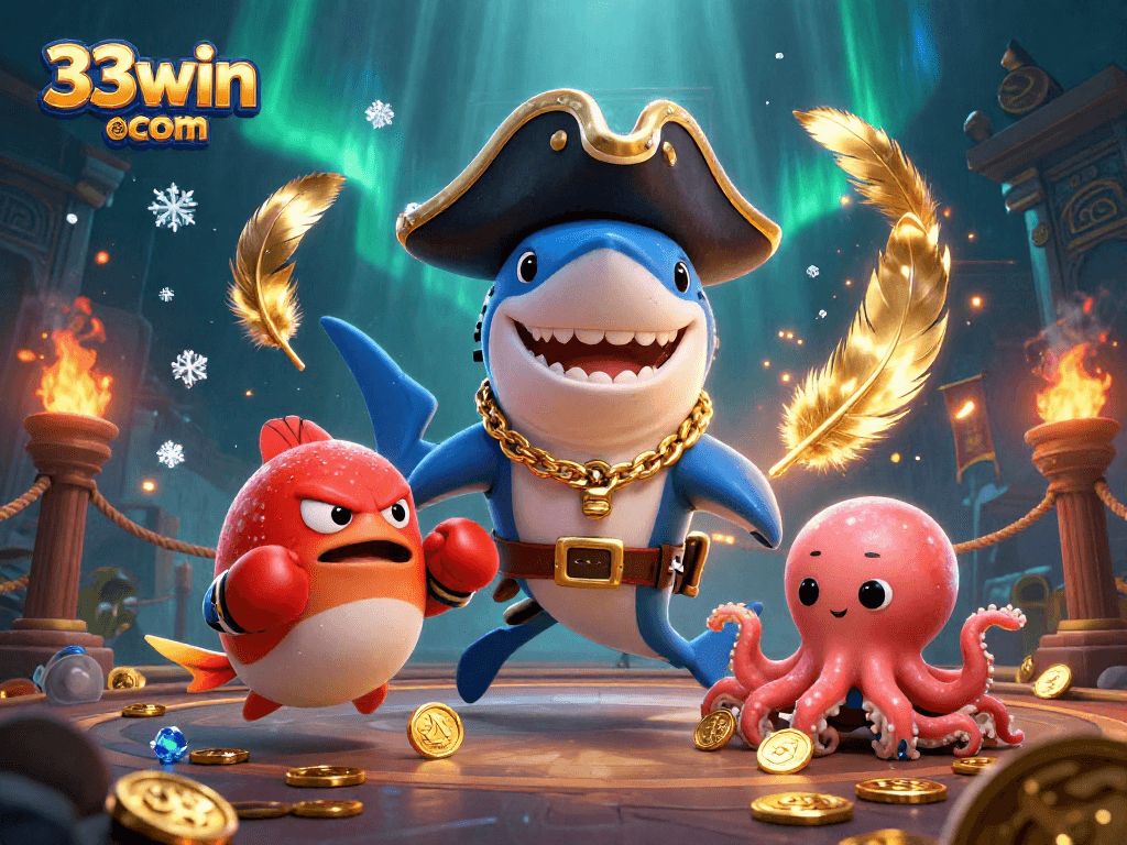 Engage with 33win com in an action-packed casino scene featuring a pirate shark and friends.