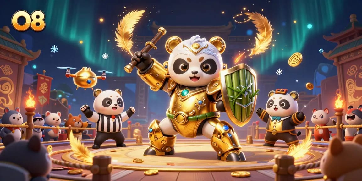Engage with O8's thrilling action in a vibrant 3D gaming arena featuring a mech-suit panda champion