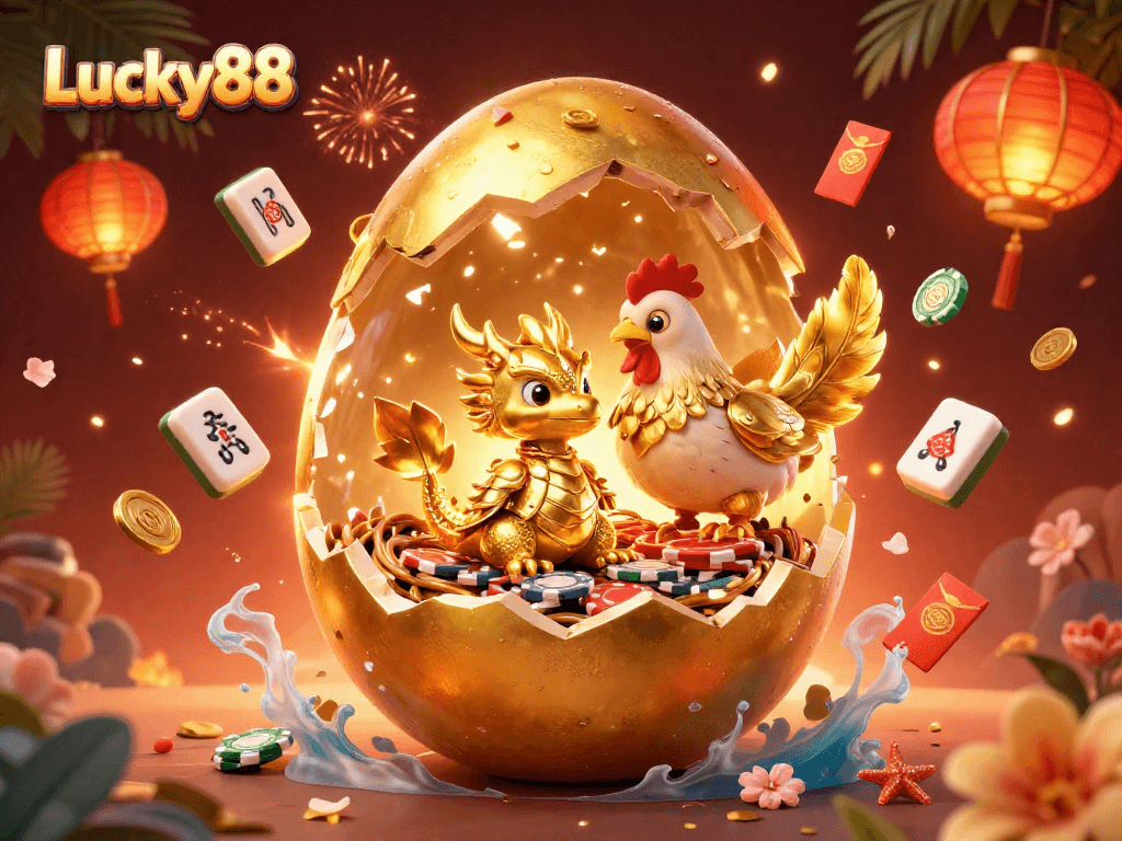 Experience Lucky88 with a dazzling scene of golden dragons and festive casino elements