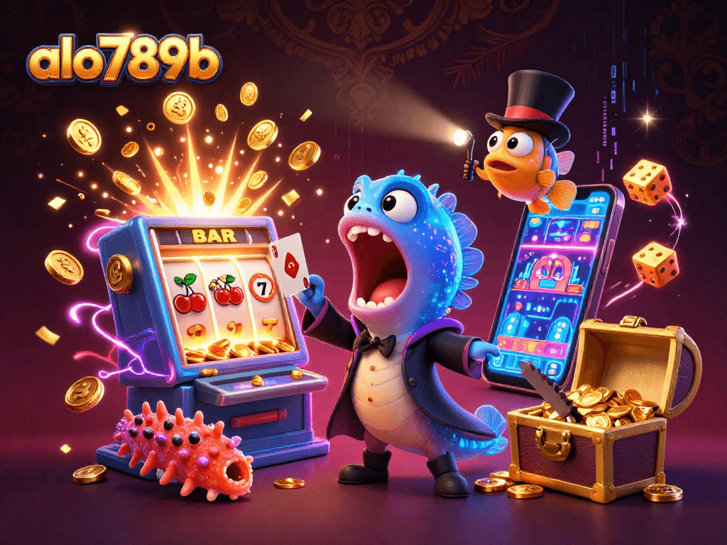 Alo789b showcases a vibrant 3D cartoon scene with a deep-sea eel magician, anglerfish spotlight, and dynamic casino elements.