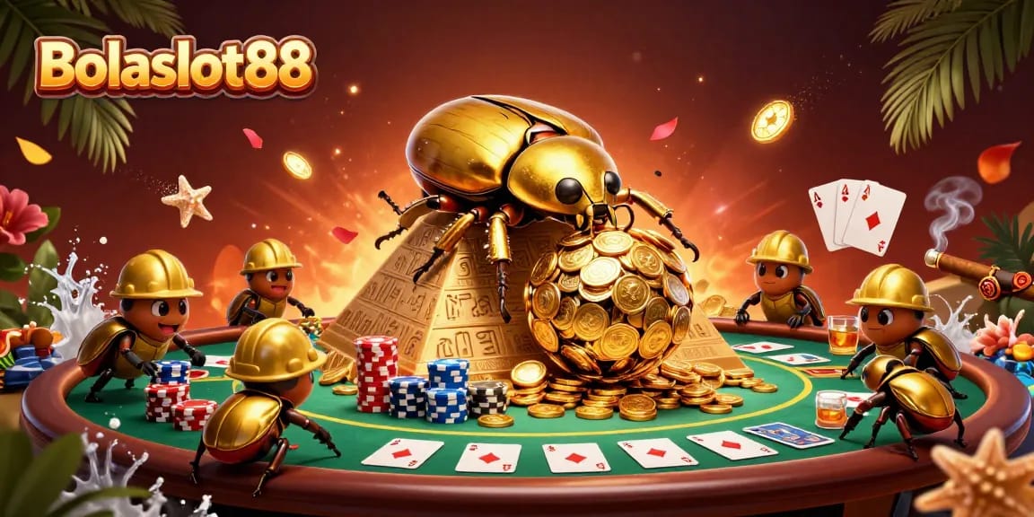 Bolaslot88 showcases a vibrant 3D scene of a golden dung beetle rolling coins, enhancing online casino excitement.