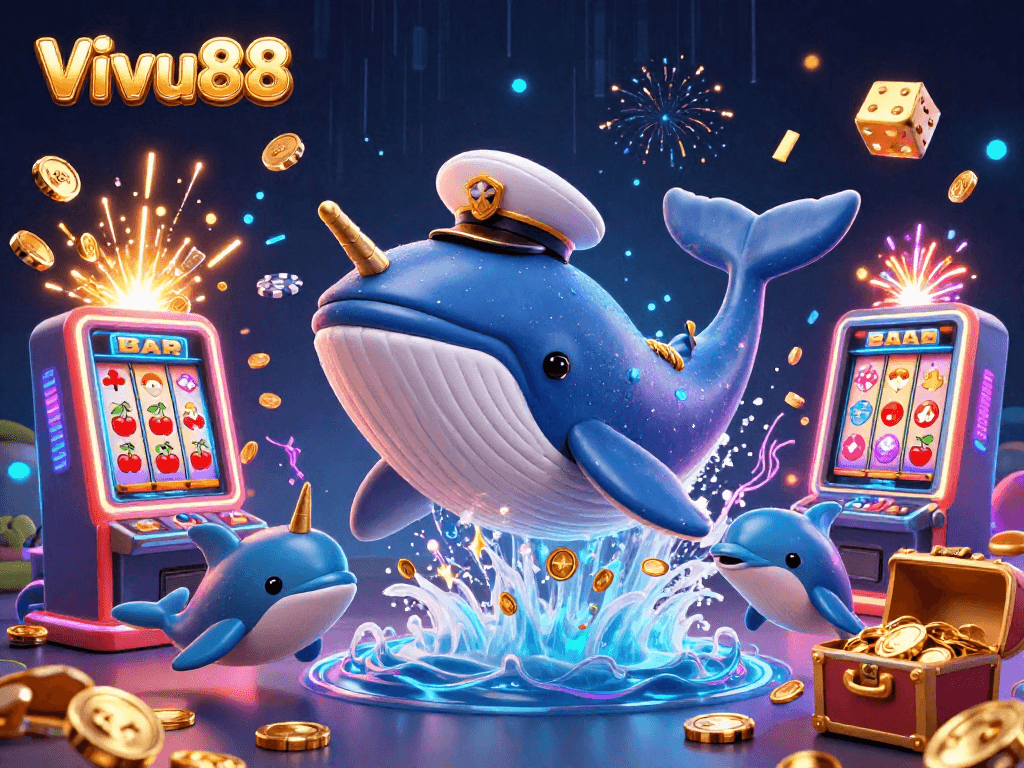 Experience thrilling gameplay at Vivu88 with a colorful scene featuring a whale, narwhal, and dolphins in a vibrant casino.