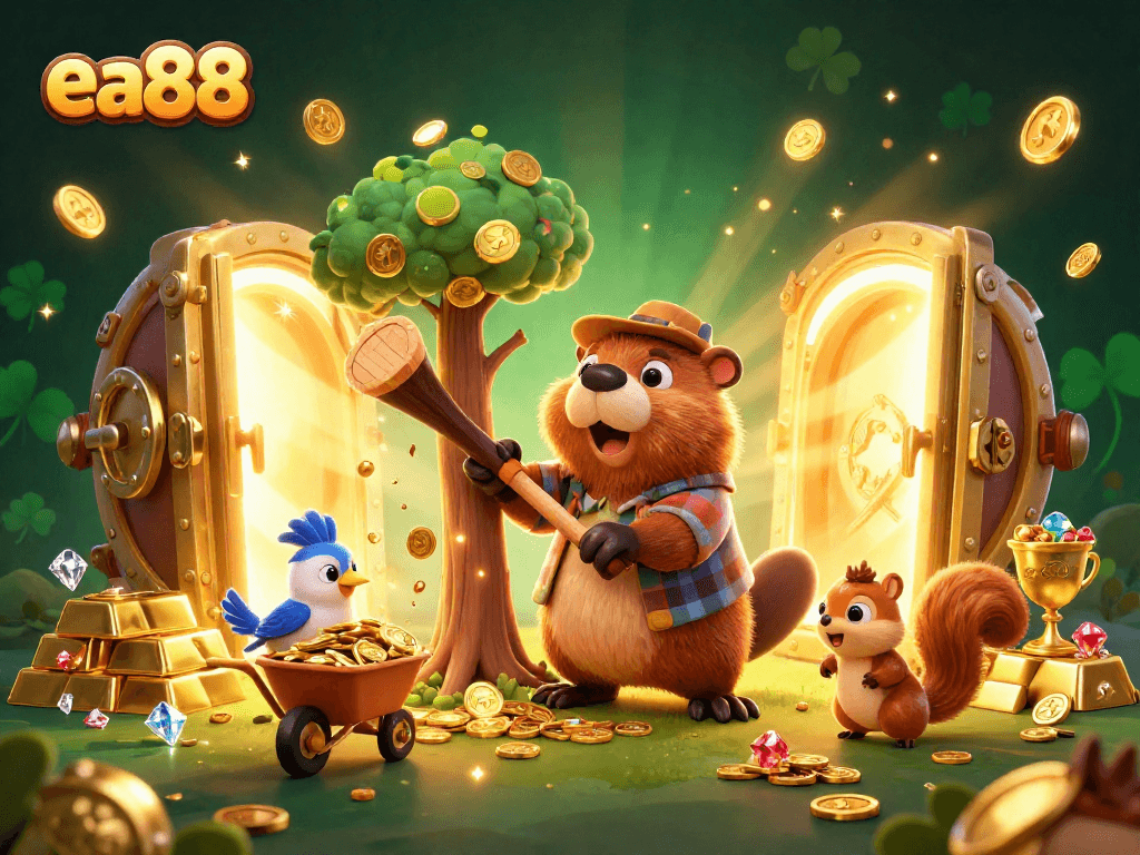 Experience big wins at ea88 with lively characters collecting gold coins in a vibrant casino setting.