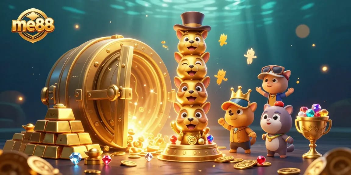 Experience thrilling gameplay at me88, with a vibrant 3D casino scene filled with gold and jewels.