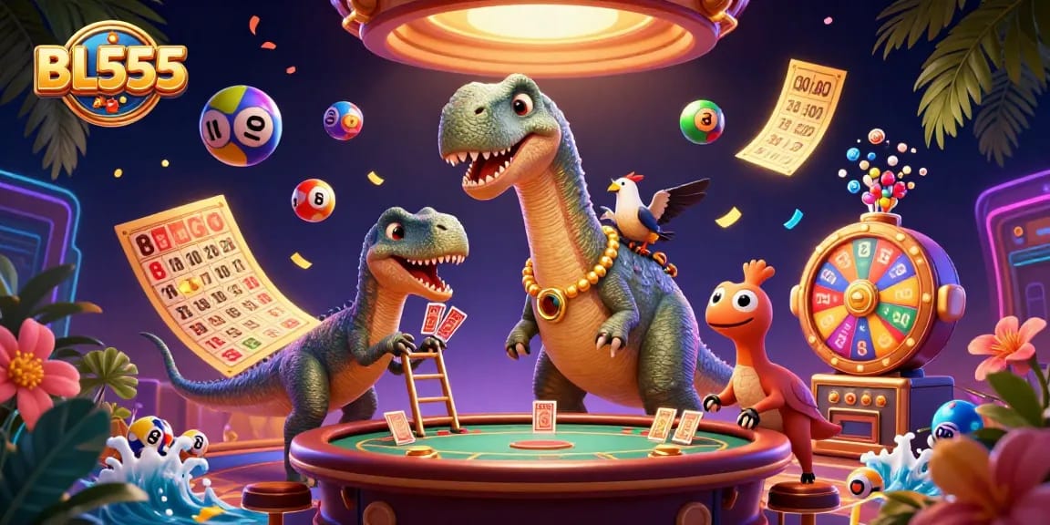 Experience thrilling gaming at BL555 with a 3D illustration of a giant brontosaurus overseeing casino fun.