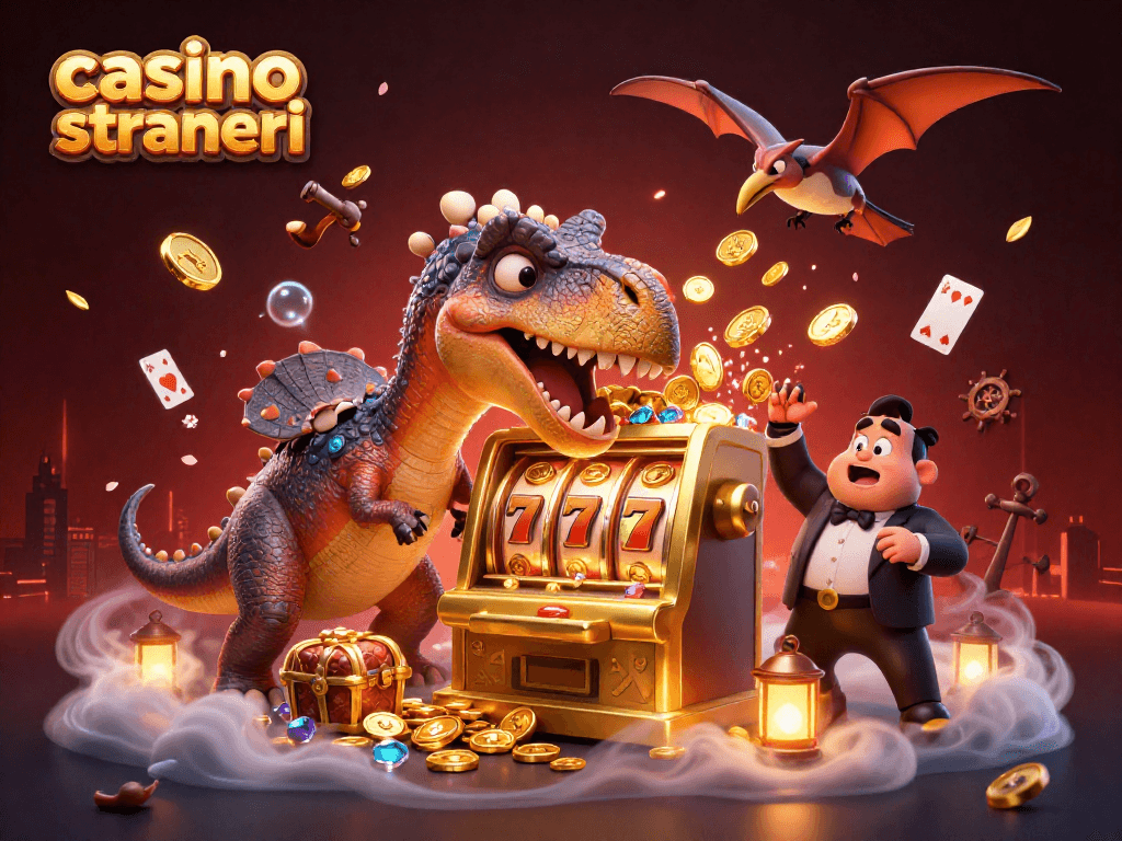 Il casinò online stranieri presenta un pachicefalosauro che colpisce una macchina da gioco, mentre un manager ansioso gestisce la situazione.