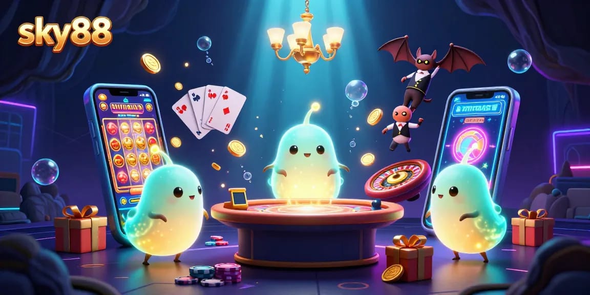 Engage in thrilling gaming adventures at sky88, illuminated by bioluminescent glowworms in a vibrant casino.
