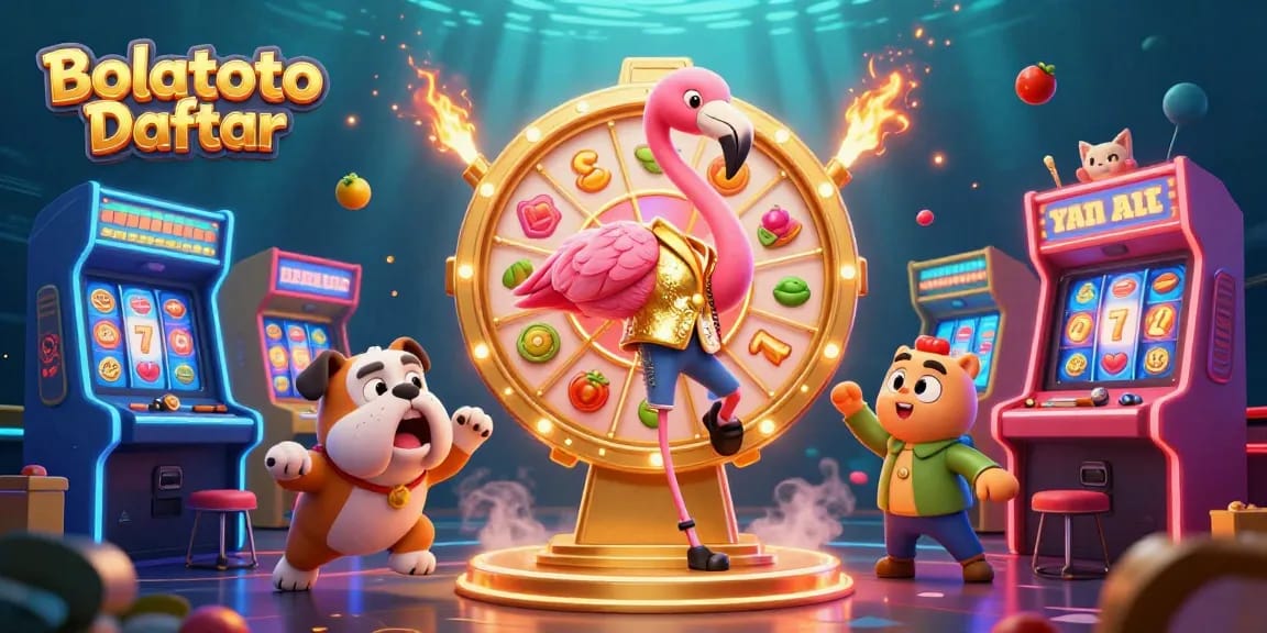 Engage in Bolatoto Daftar gaming experience with an exciting prize wheel and animated characters.