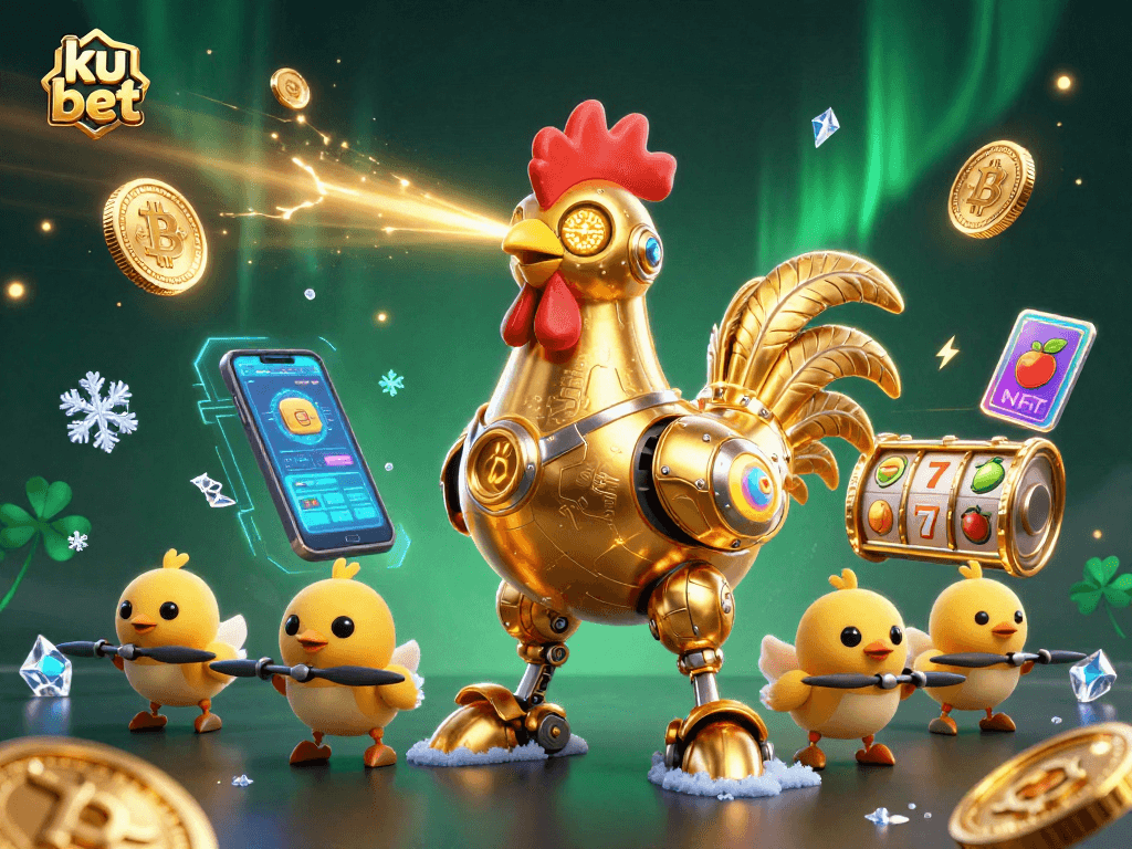 Engage with ku bet's exciting slot games featuring a golden rooster robot and crypto elements.