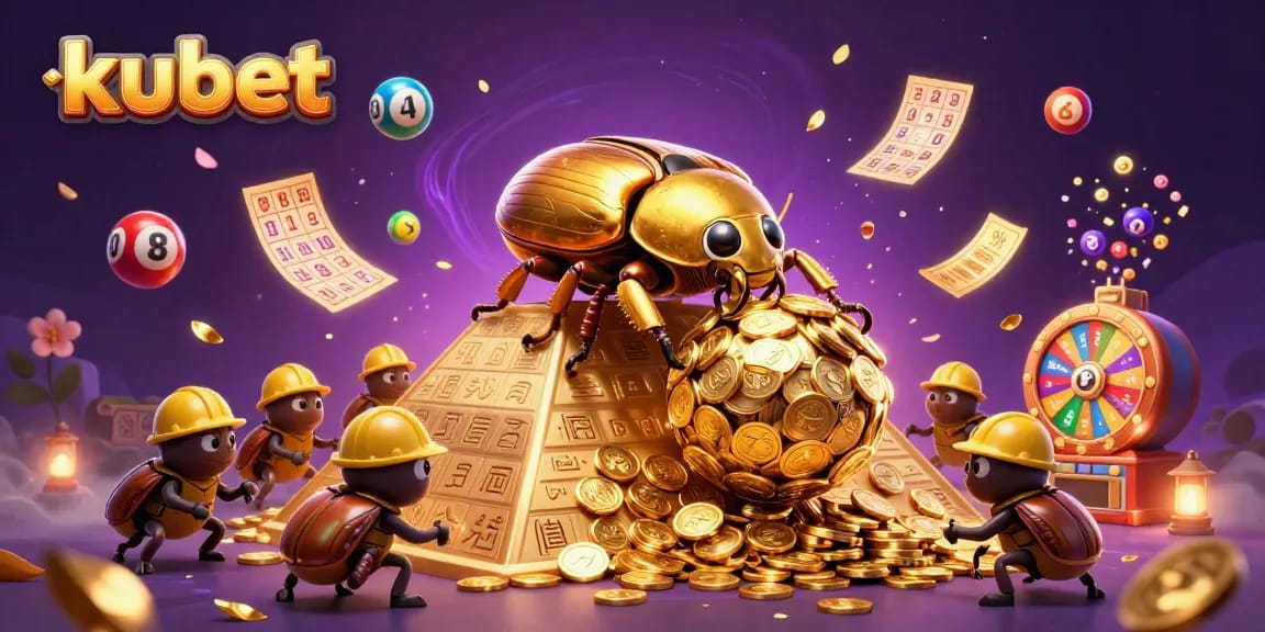 Experience the thrill of kubet with a golden dung beetle in a vibrant casino illustration.