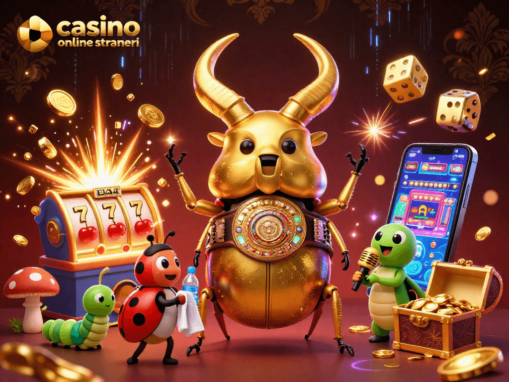 Gioca a casinò online stranieri con un'illustrazione 3D di un combattimento tra un grande scarabeo e dettagli vivaci.