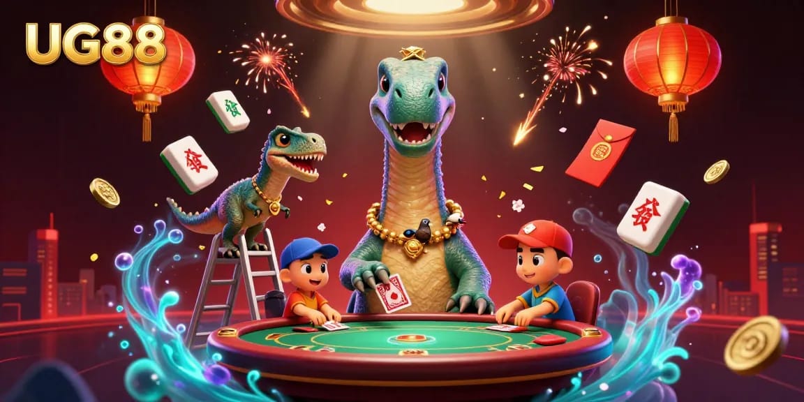 Experience the thrill of UG88, a vibrant casino world with a brontosaurus dealer amidst dynamic gaming elements.