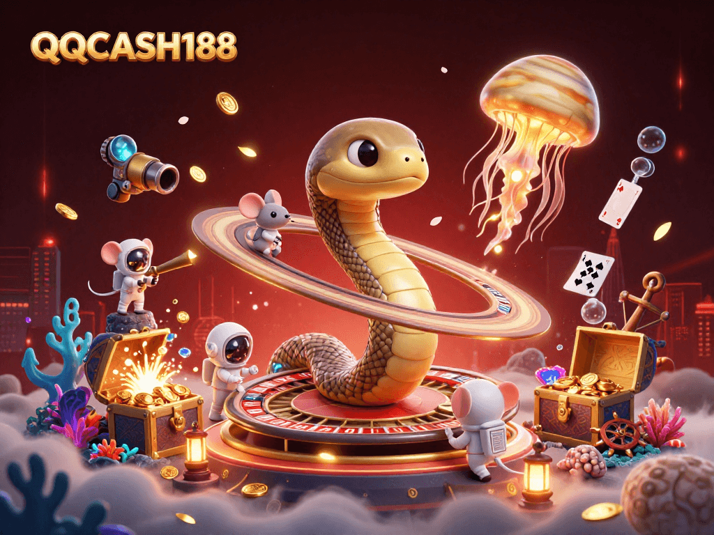 Engage with the vibrant QQCASH188 cosmic casino scene, featuring an interactive roulette wheel and adventurous bets.